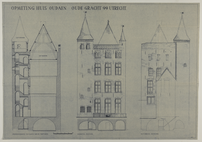 217669 Opstanden en doorsnede van het huis Oudaen (Oudegracht 99) te Utrecht.